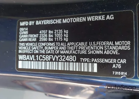 2015 BMW X1 xDrive28I from USA, damaged, VIN WBAVL1C58FVY32480
